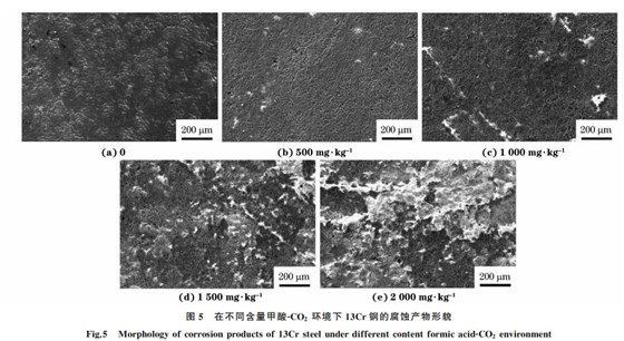 圖5 在不同含量甲酸GCO2 環境下13Cr鋼的腐蝕產物形貌 圖5 在不同含量甲酸GCO2 環境下13Cr鋼的腐蝕產物形貌