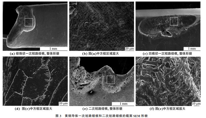 圖3 黃銅導體一次短路熔痕和二次短路熔痕的截面SEM 形貌 圖3 黃銅導體一次短路熔痕和二次短路熔痕的截面SEM 形貌